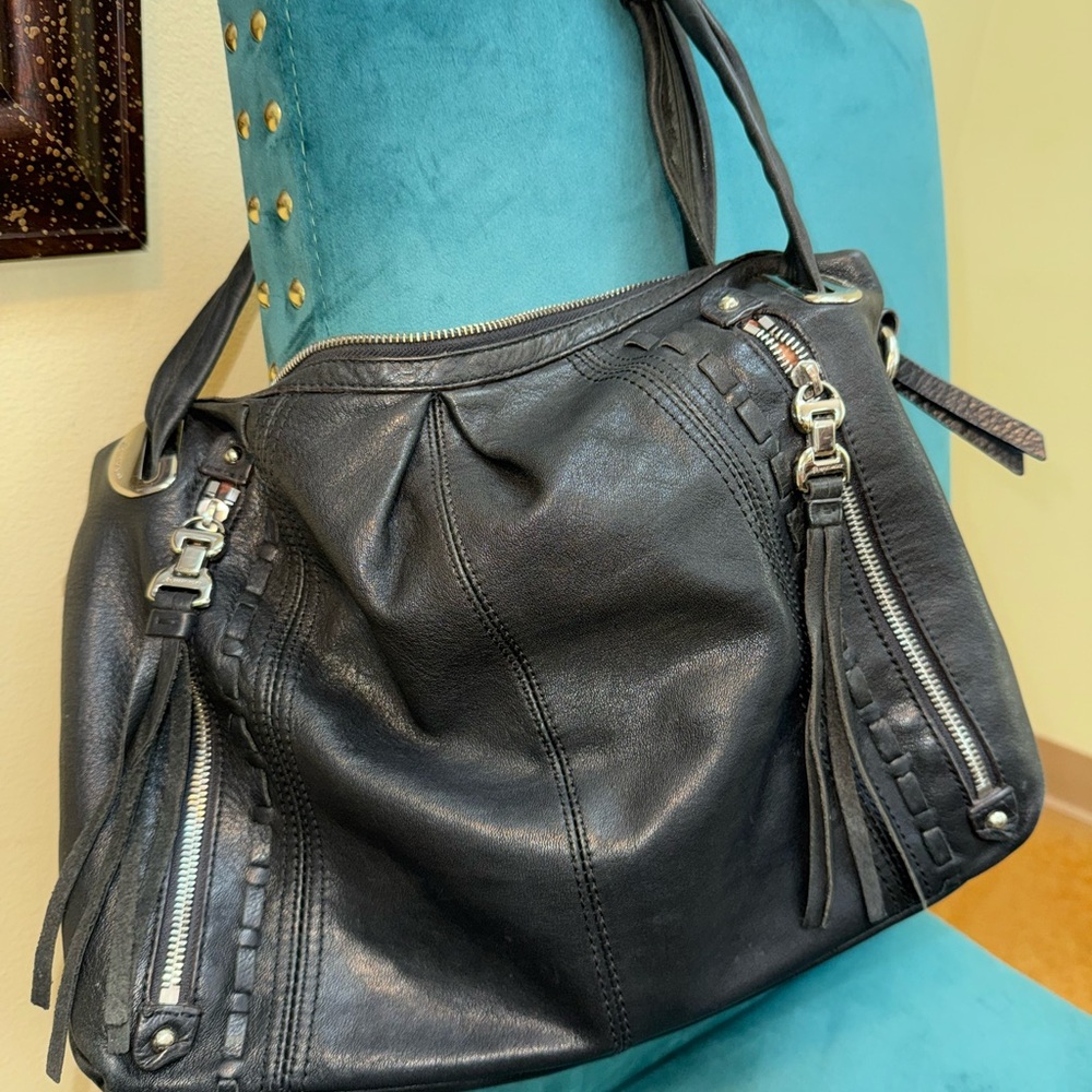 B. Makowsky Black Leather Shoulder Bag with Silver Accents